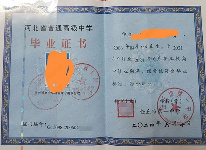 梅县任丘市第一中学高中毕业证样本图片